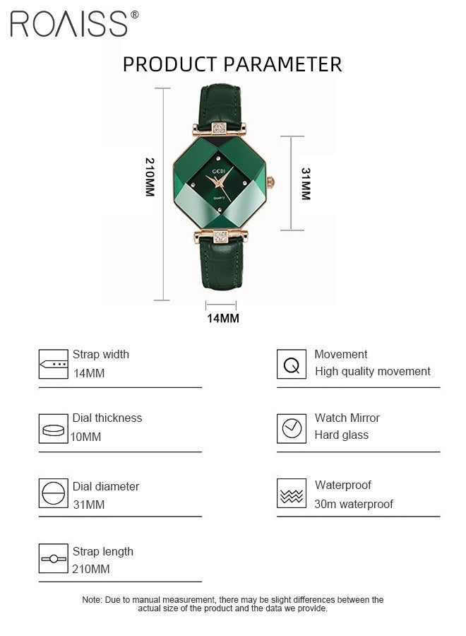 Women's Leather Strap Quartz Watch, Analog Display Green Rhombus Dial with Rhombus Cut Mirror, Luxurious Waterproof Wristwatch as Gift for Ladies