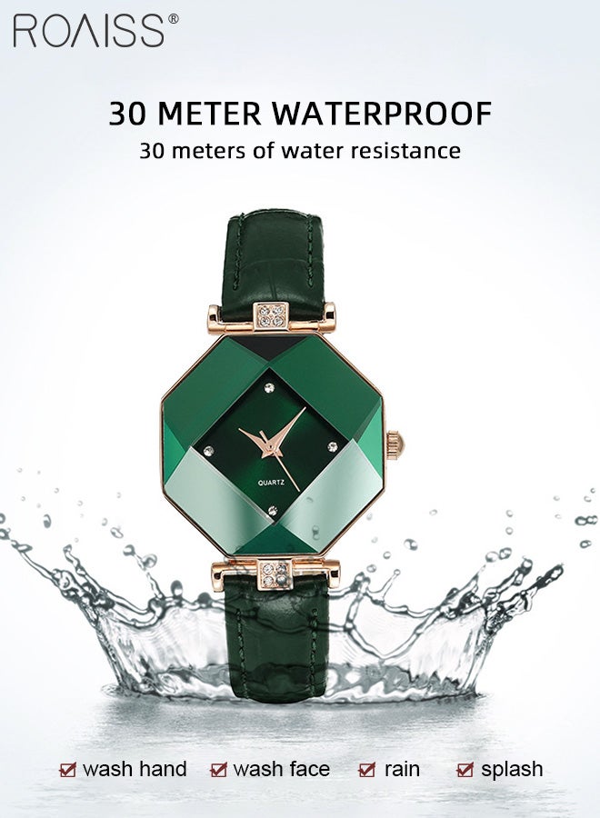 Women's Leather Strap Quartz Watch, Analog Display Green Rhombus Dial with Rhombus Cut Mirror, Luxurious Waterproof Wristwatch as Gift for Ladies