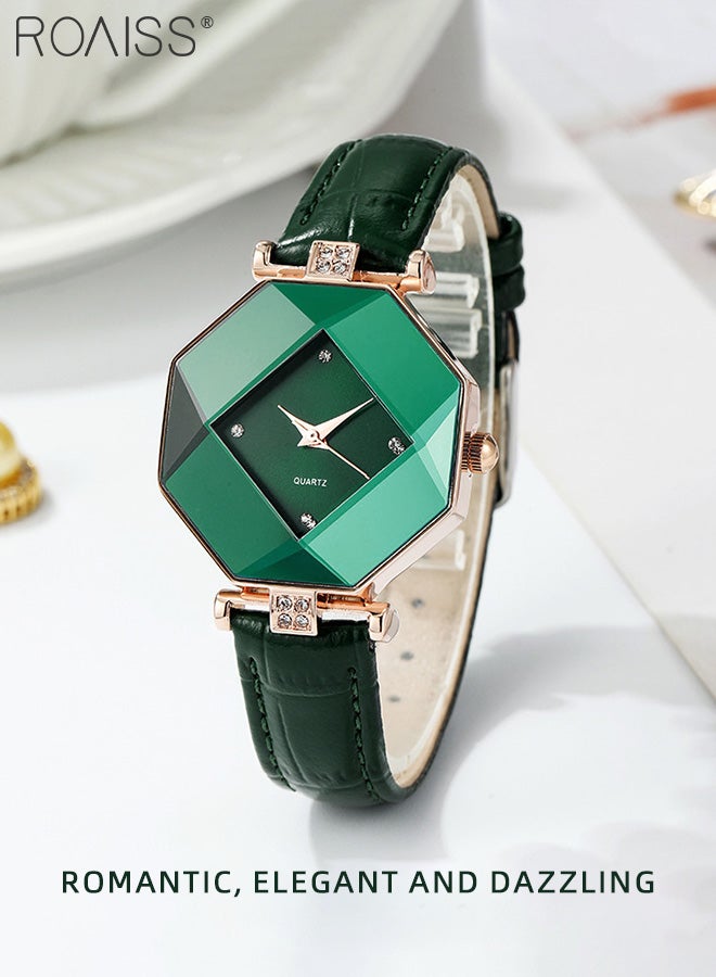 Women's Leather Strap Quartz Watch, Analog Display Green Rhombus Dial with Rhombus Cut Mirror, Luxurious Waterproof Wristwatch as Gift for Ladies