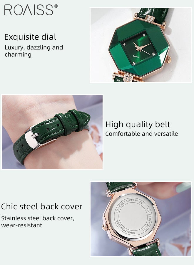 Women's Leather Strap Quartz Watch, Analog Display Green Rhombus Dial with Rhombus Cut Mirror, Luxurious Waterproof Wristwatch as Gift for Ladies