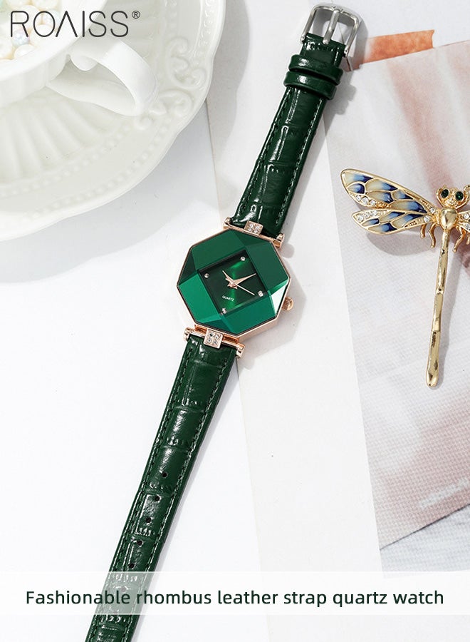 Women's Leather Strap Quartz Watch, Analog Display Green Rhombus Dial with Rhombus Cut Mirror, Luxurious Waterproof Wristwatch as Gift for Ladies