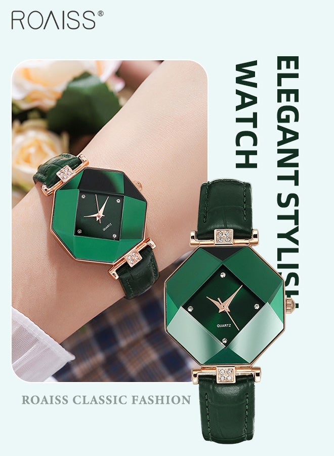 Women's Leather Strap Quartz Watch, Analog Display Green Rhombus Dial with Rhombus Cut Mirror, Luxurious Waterproof Wristwatch as Gift for Ladies