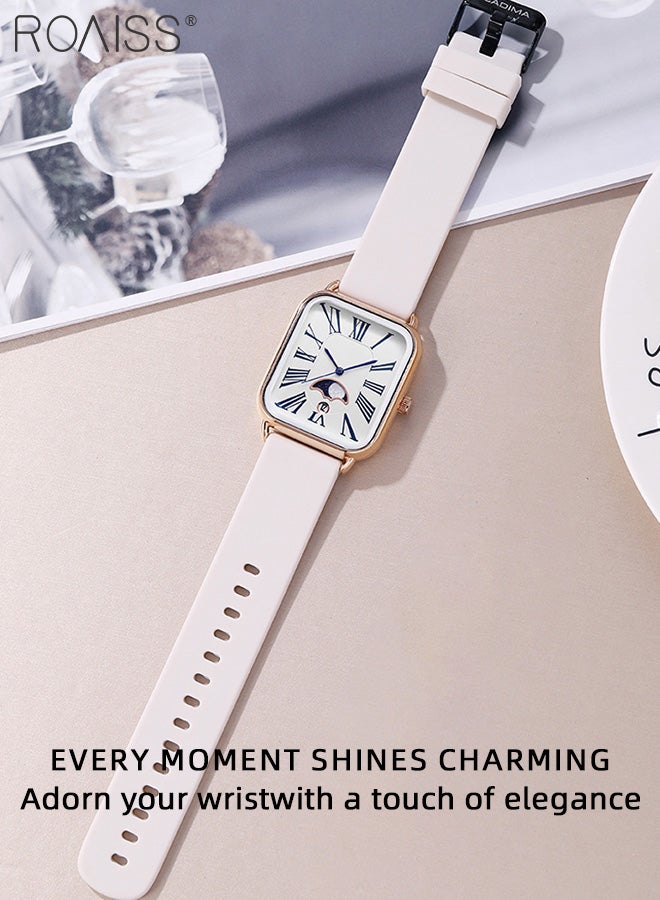 Women's Silicone Strap Quartz Watch, Analog Display Rectangle Dial with Moon Phase, Waterproof Luxurious Fashion Wristwatch as Gift for Ladies