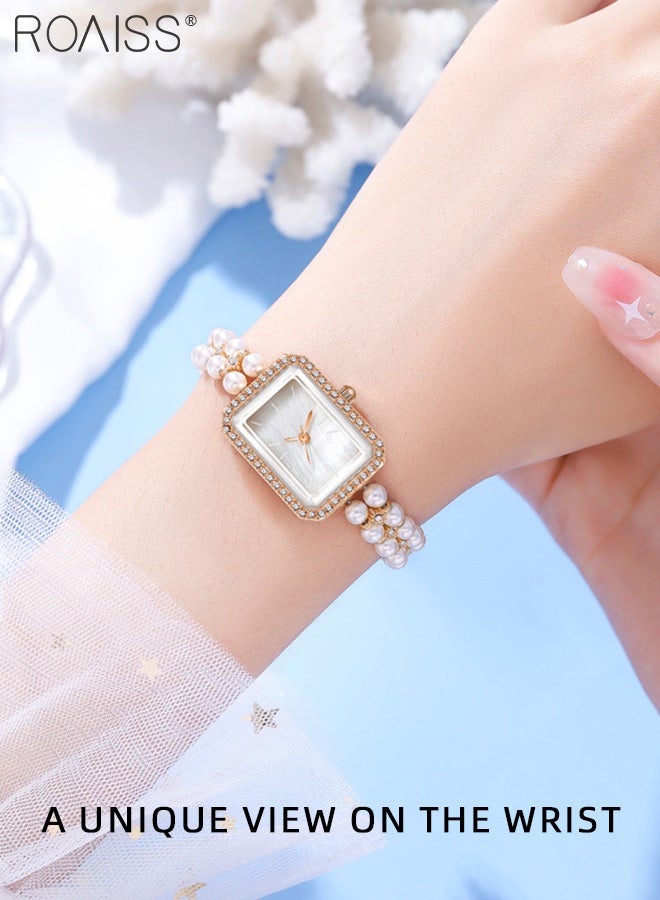 Women's Pearl Bracelet Strap Quartz Watch Analog Display Rectangle Dial Decorated with Rhinestones Waterproof Stylish Wristwatch as Gift for Ladies