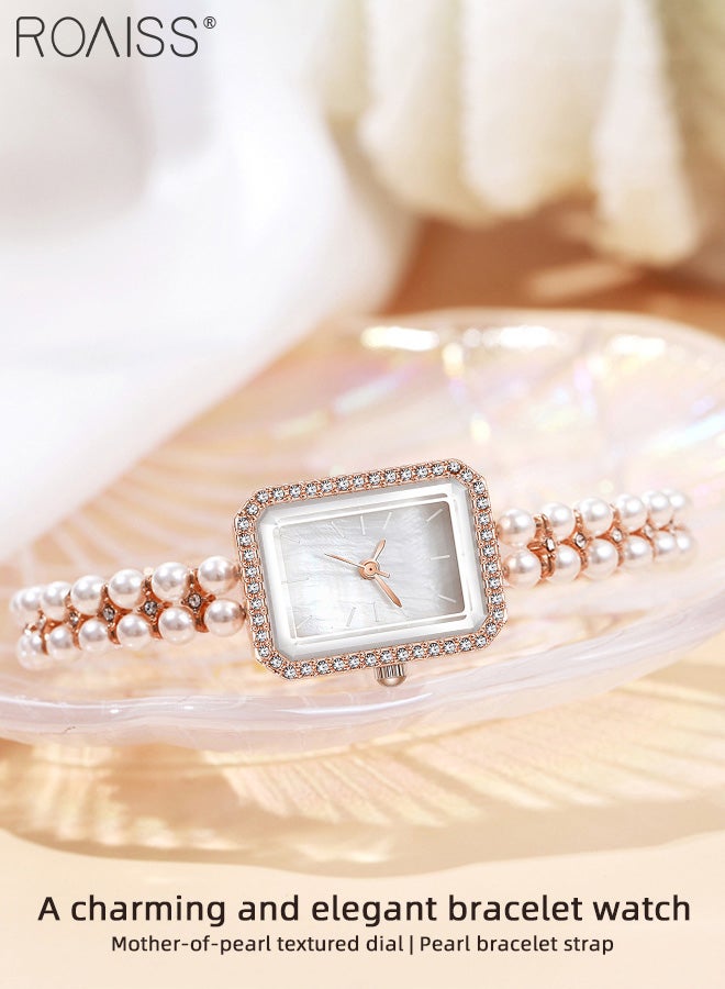 Women's Pearl Bracelet Strap Quartz Watch Analog Display Rectangle Dial Decorated with Rhinestones Waterproof Stylish Wristwatch as Gift for Ladies