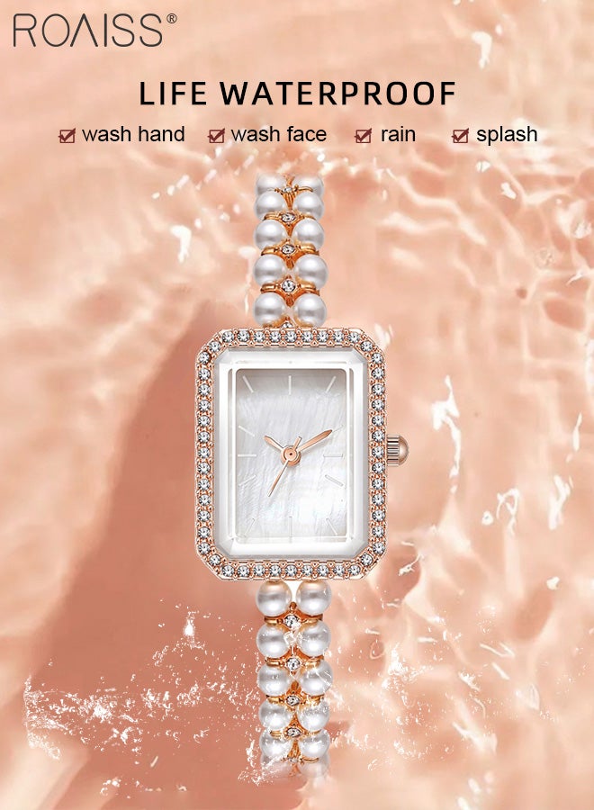 Women's Pearl Bracelet Strap Quartz Watch Analog Display Rectangle Dial Decorated with Rhinestones Waterproof Stylish Wristwatch as Gift for Ladies
