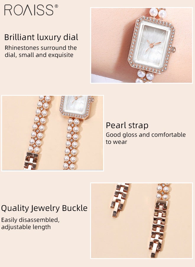 Women's Pearl Bracelet Strap Quartz Watch Analog Display Rectangle Dial Decorated with Rhinestones Waterproof Stylish Wristwatch as Gift for Ladies