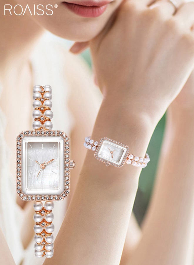 Women's Pearl Bracelet Strap Quartz Watch Analog Display Rectangle Dial Decorated with Rhinestones Waterproof Stylish Wristwatch as Gift for Ladies