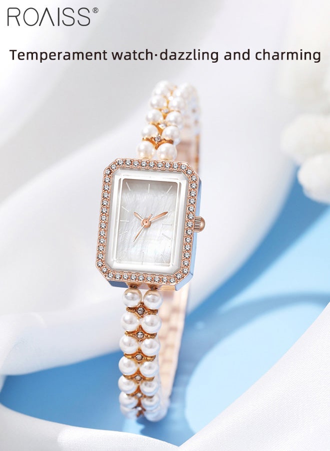 Women's Pearl Bracelet Strap Quartz Watch Analog Display Rectangle Dial Decorated with Rhinestones Waterproof Stylish Wristwatch as Gift for Ladies
