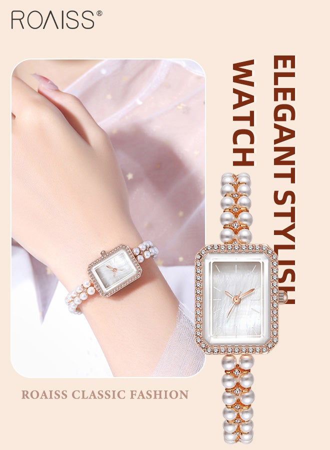 Women's Pearl Bracelet Strap Quartz Watch Analog Display Rectangle Dial Decorated with Rhinestones Waterproof Stylish Wristwatch as Gift for Ladies