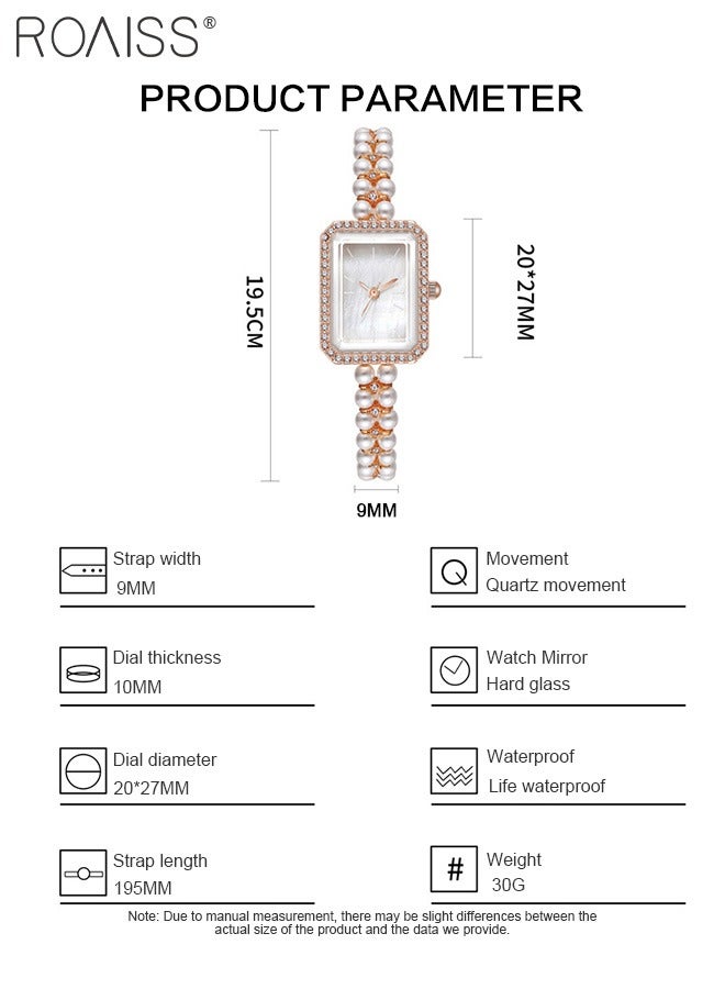 Women's Pearl Bracelet Strap Quartz Watch Analog Display Rectangle Dial Decorated with Rhinestones Waterproof Stylish Wristwatch as Gift for Ladies