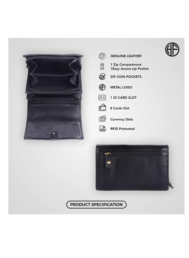 Wallet for Women - Black Leather Purse for Women with RFID Protection, 8 Card Slots, and 5 Compartments - Ladies Wallet with Button Closure - Women's Wallet for Daily Use