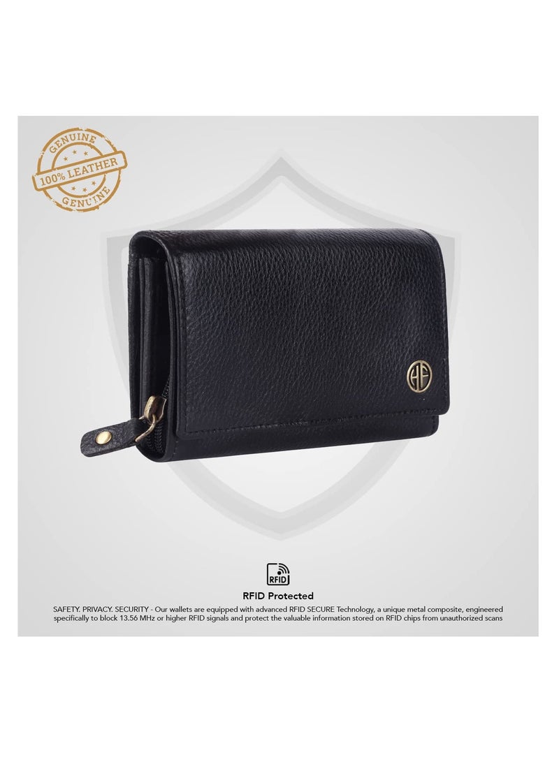 Wallet for Women - Black Leather Purse for Women with RFID Protection, 8 Card Slots, and 5 Compartments - Ladies Wallet with Button Closure - Women's Wallet for Daily Use
