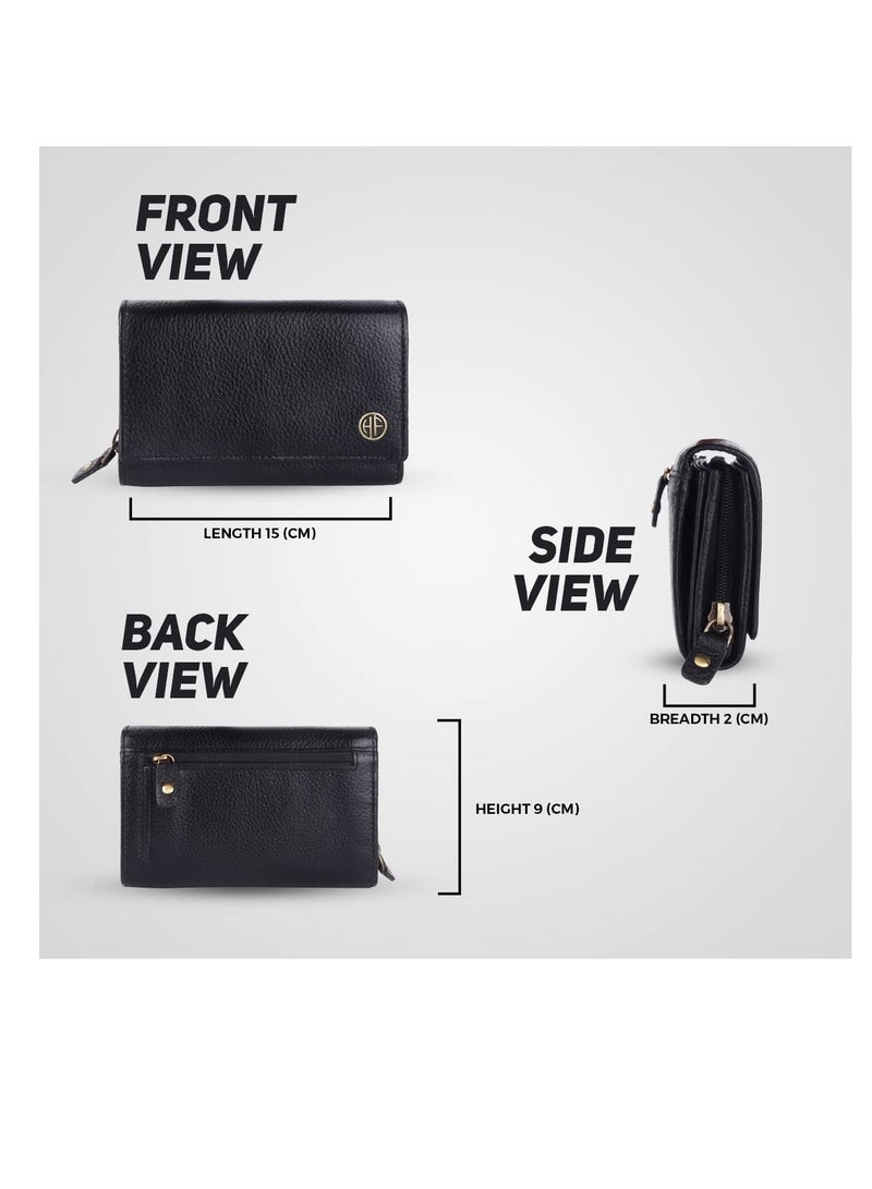 Wallet for Women - Black Leather Purse for Women with RFID Protection, 8 Card Slots, and 5 Compartments - Ladies Wallet with Button Closure - Women's Wallet for Daily Use