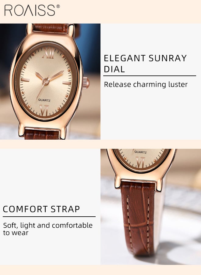 Women's Leather Strap Quartz Watch, Analog Display Oval Sunray Texture Dial, Stylish Retro Waterproof Wristwatch as Gift for Ladies