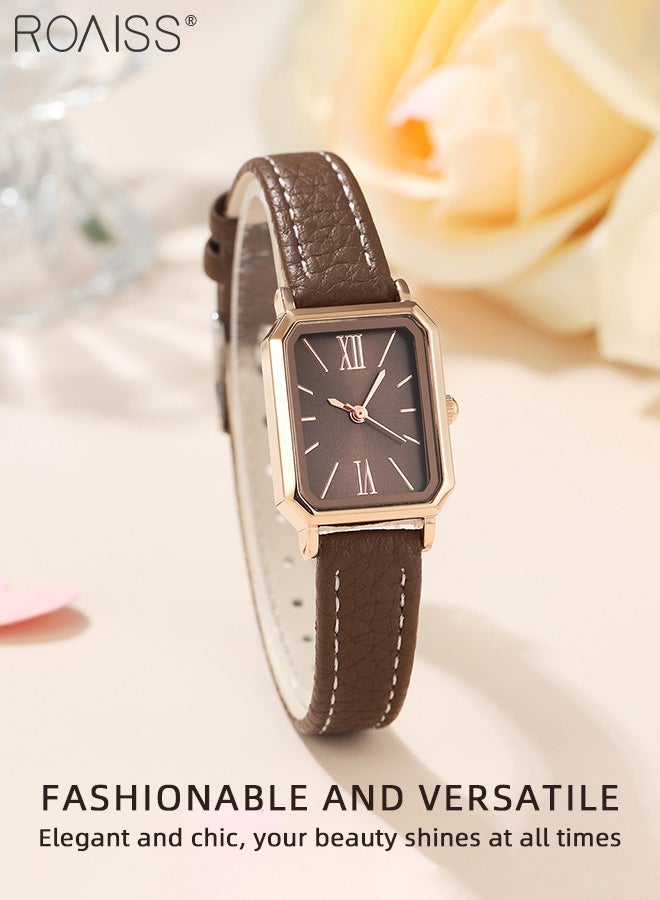 Women's Leather Strap Quartz Watch, Analog Display Rectangle Dial, Waterproof Fashionable Simple Wristwatch as Gift for Ladies, Brown