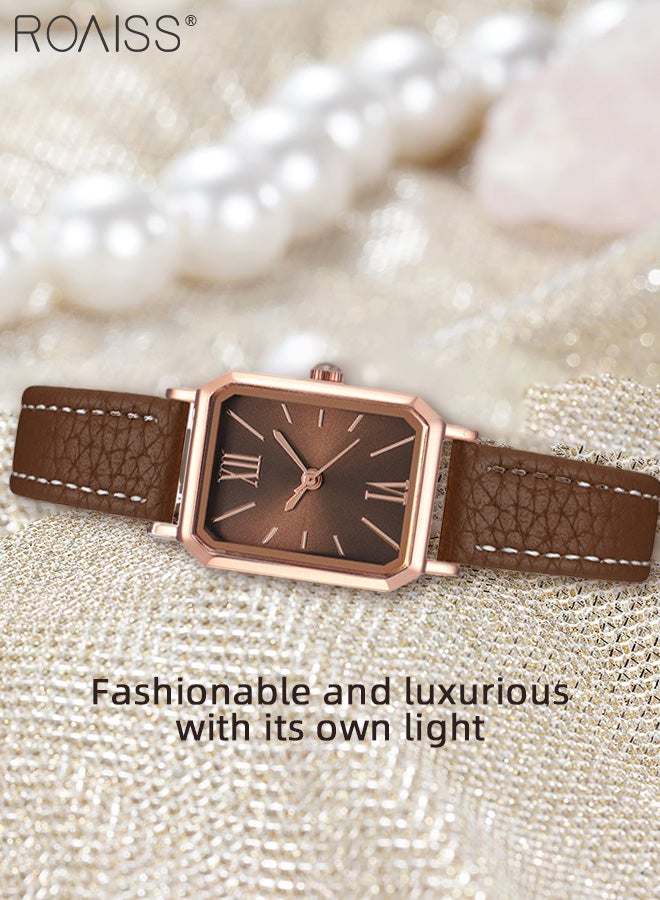 Women's Leather Strap Quartz Watch, Analog Display Rectangle Dial, Waterproof Fashionable Simple Wristwatch as Gift for Ladies, Brown