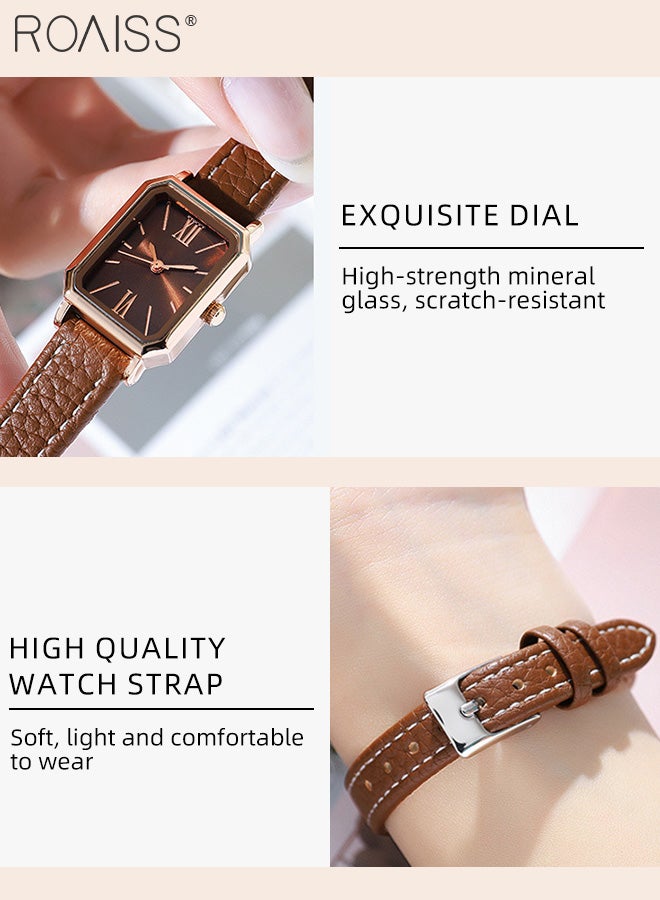 Women's Leather Strap Quartz Watch, Analog Display Rectangle Dial, Waterproof Fashionable Simple Wristwatch as Gift for Ladies, Brown