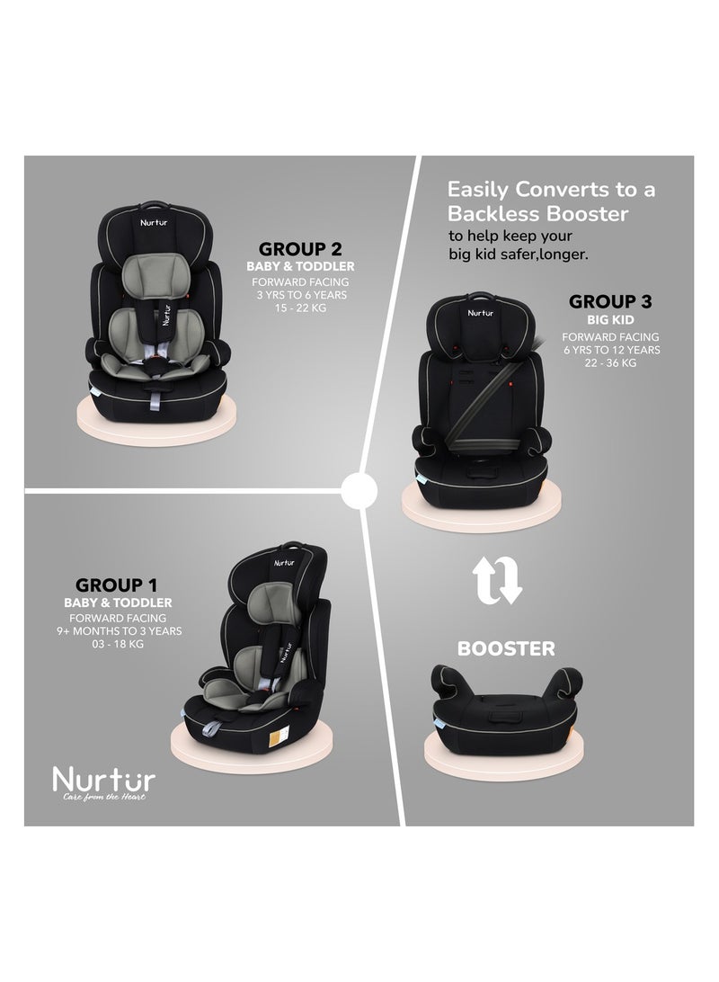 Nurtur Ragnar Baby/Kids 3-in-1 Car Seat + Booster - Adjustable Headrest Extra Protection 5-Point Safety Harness 9 months to 12 years,