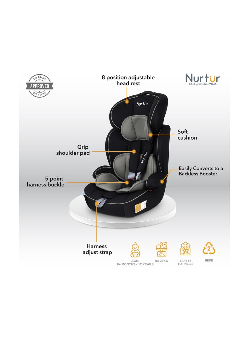 Nurtur Ragnar Baby/Kids 3-in-1 Car Seat + Booster - Adjustable Headrest Extra Protection 5-Point Safety Harness 9 months to 12 years,