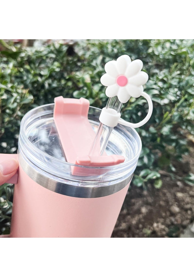 Stainless Steel Vacuum Insulated Tumbler With 5 Piece Silicone Straw Covers Cap 10Mm Cute Flower Toppers For Tumblers Lid And Water Iced Tea Or Coffee (40Oz)