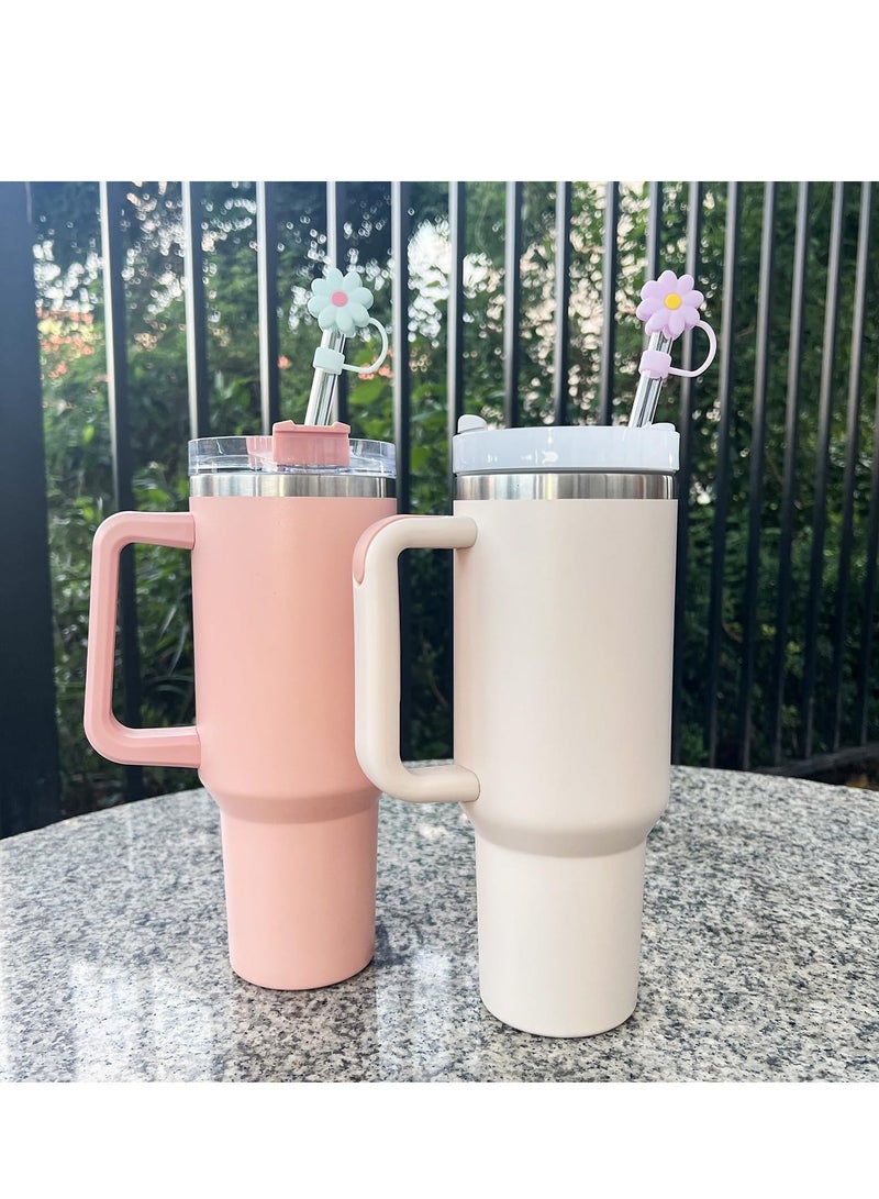 Stainless Steel Vacuum Insulated Tumbler With 5 Piece Silicone Straw Covers Cap 10Mm Cute Flower Toppers For Tumblers Lid And Water Iced Tea Or Coffee (40Oz)