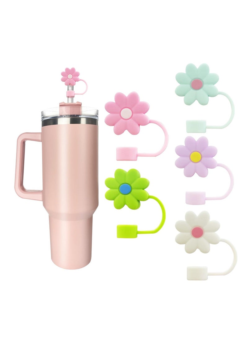 Stainless Steel Vacuum Insulated Tumbler With 5 Piece Silicone Straw Covers Cap 10Mm Cute Flower Toppers For Tumblers Lid And Water Iced Tea Or Coffee (40Oz)