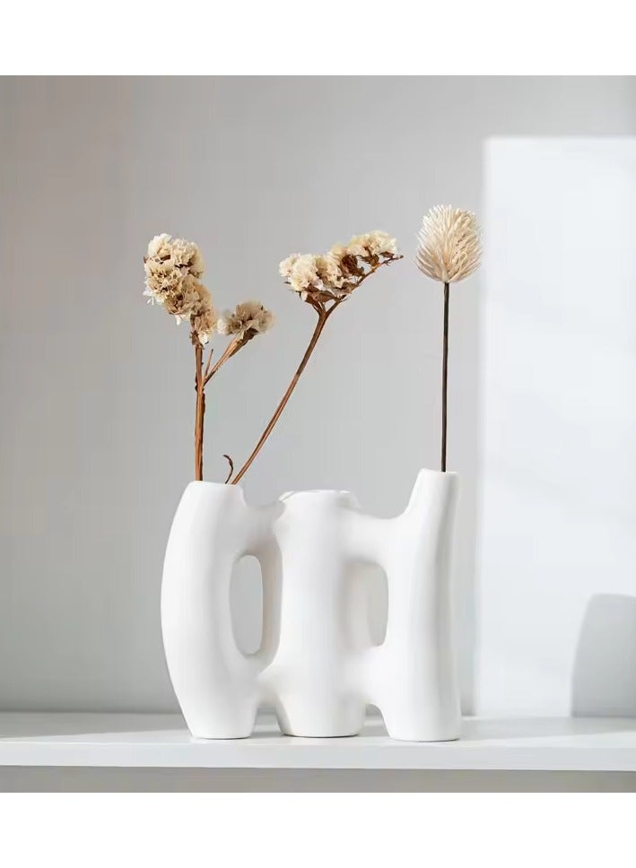 White Ceramic Vase with Porcelain Fence Design  Abstract Irregular Flower Vase