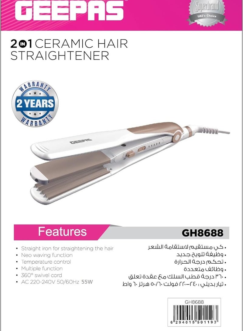 Geepas 2 In 1 Ceramic Hair Straightener-Neo Wave, Auto Adjustable Temperature & 360 Degree Swivel Cord | Ideal for Long & Short Hairs | 2 Years Warranty