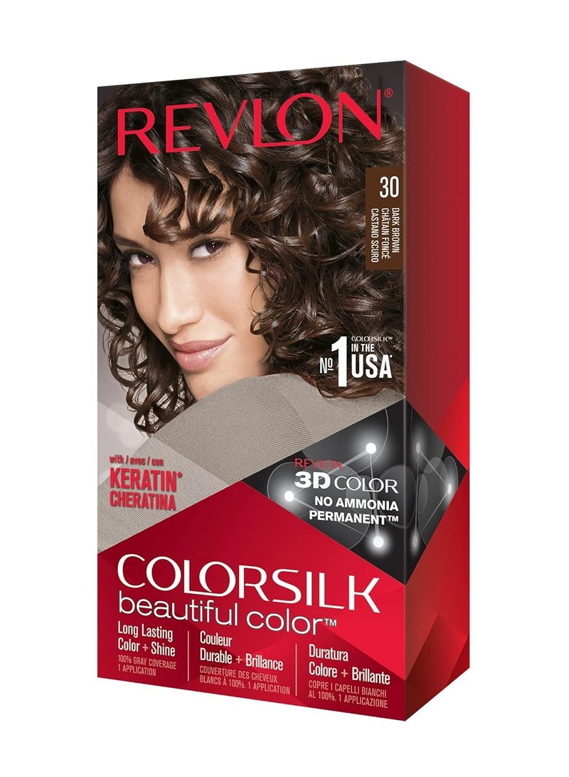 Revlon Colorsilk Beautiful Color Permanent Hair Dye with Keratin 100% Gray Coverage Ammonia Free 30 Dark Brown