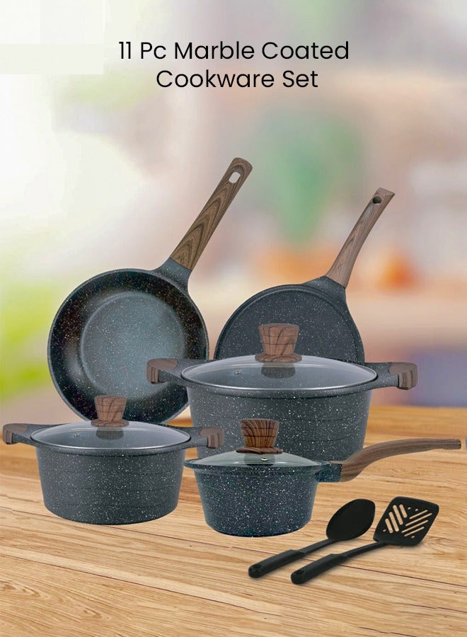 11 Piece Non Stick Marble Coated Cookware Set, 26cm,28cm Casserole With Glass Lid, 16cm Sauce Pan, 26cm Fry Pan, 26cm Tawa, 3 Pcs Nylon Utensils, AFT214