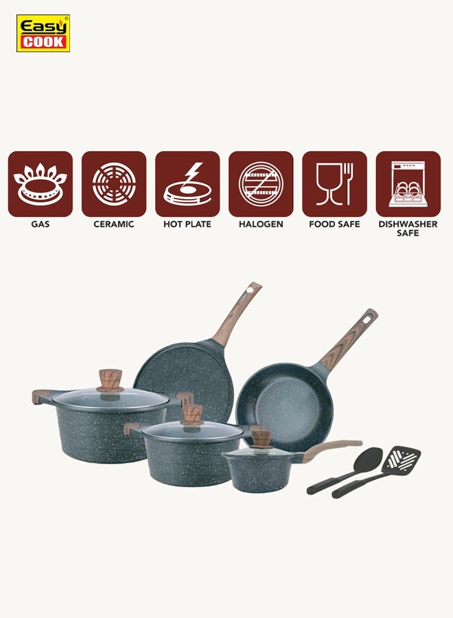 11 Piece Non Stick Marble Coated Cookware Set, 26cm,28cm Casserole With Glass Lid, 16cm Sauce Pan, 26cm Fry Pan, 26cm Tawa, 3 Pcs Nylon Utensils, AFT214