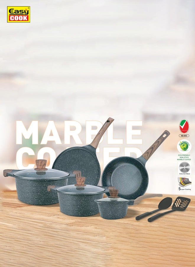 11 Piece Non Stick Marble Coated Cookware Set, 26cm,28cm Casserole With Glass Lid, 16cm Sauce Pan, 26cm Fry Pan, 26cm Tawa, 3 Pcs Nylon Utensils, AFT214