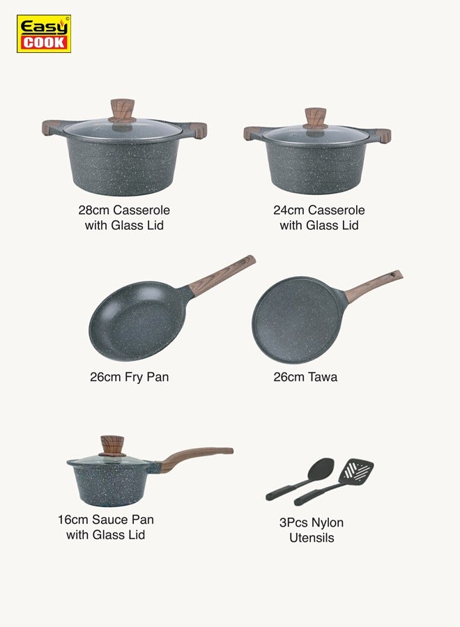 11 Piece Non Stick Marble Coated Cookware Set, 26cm,28cm Casserole With Glass Lid, 16cm Sauce Pan, 26cm Fry Pan, 26cm Tawa, 3 Pcs Nylon Utensils, AFT214