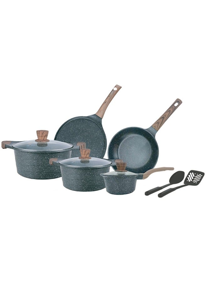 11 Piece Non Stick Marble Coated Cookware Set, 26cm,28cm Casserole With Glass Lid, 16cm Sauce Pan, 26cm Fry Pan, 26cm Tawa, 3 Pcs Nylon Utensils, AFT214