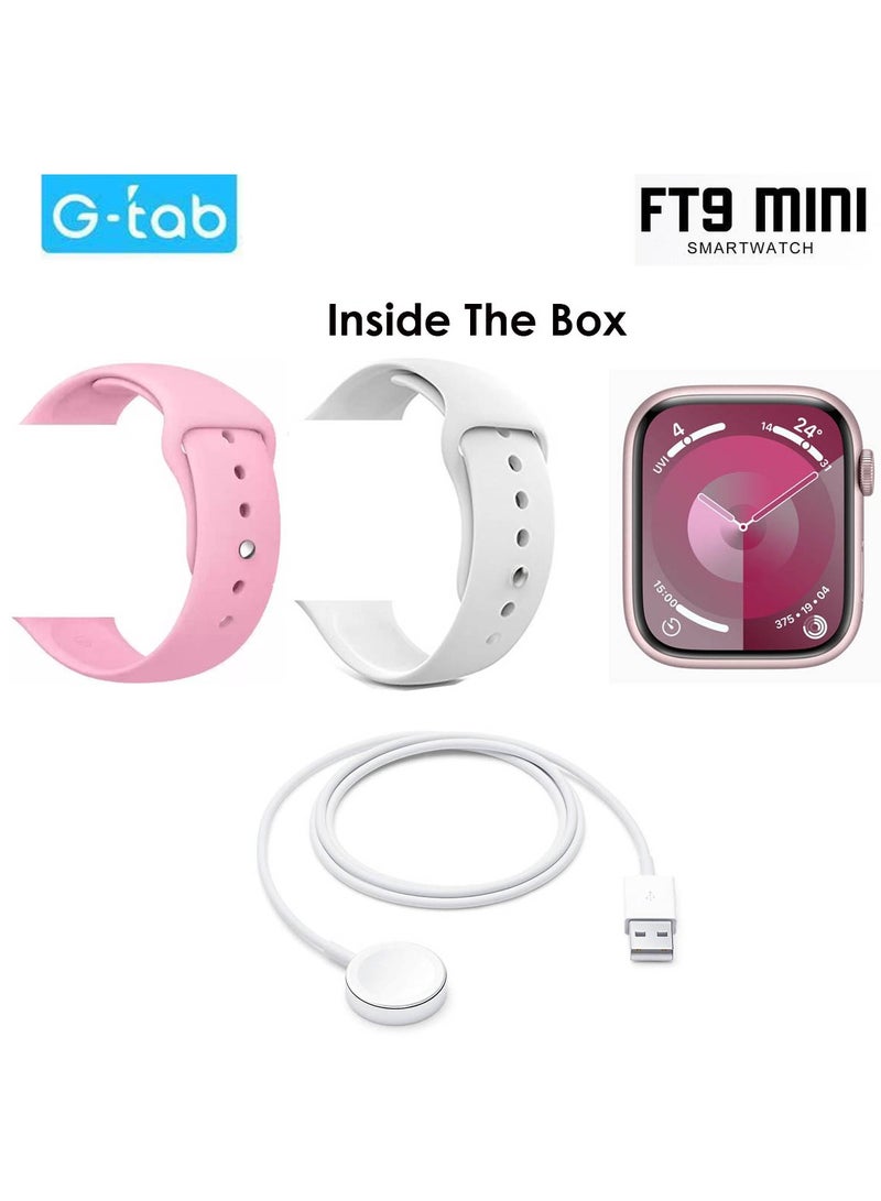 Gtab FT9 Mini Smart Watch With 41MM AMOLED Display 2 Pair Straps and Wireless Charger For Ladies and Girls Pink