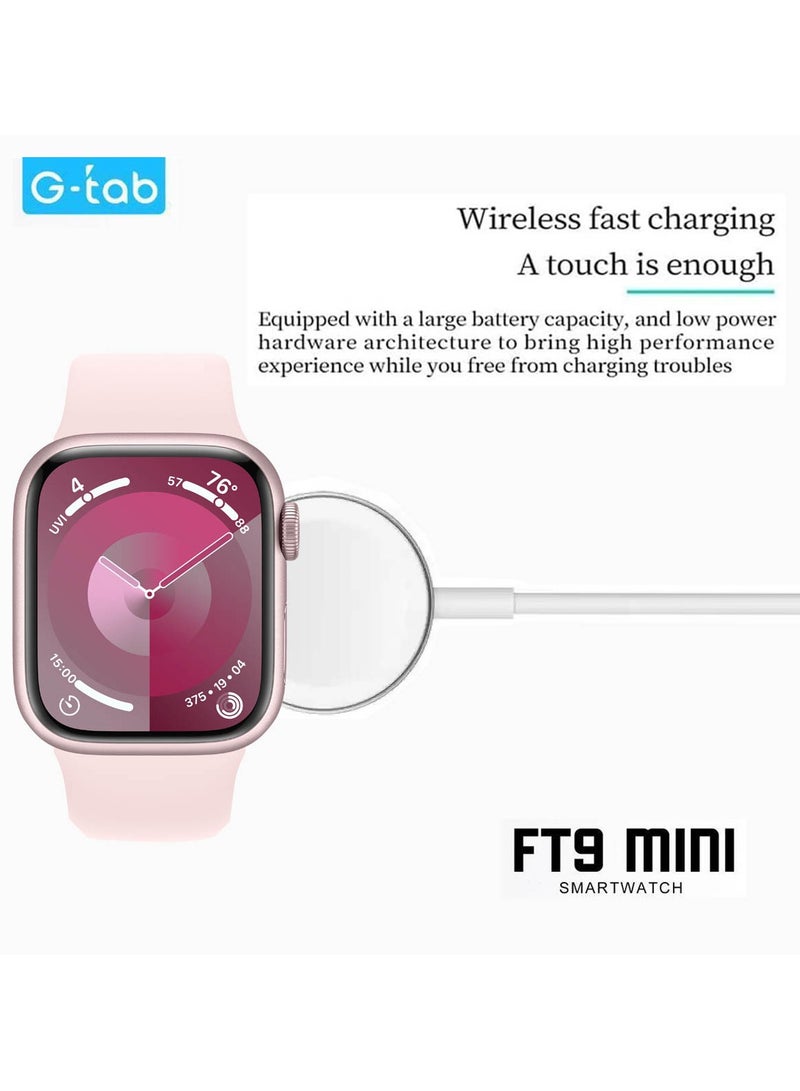 Gtab FT9 Mini Smart Watch With 41MM AMOLED Display 2 Pair Straps and Wireless Charger For Ladies and Girls Pink