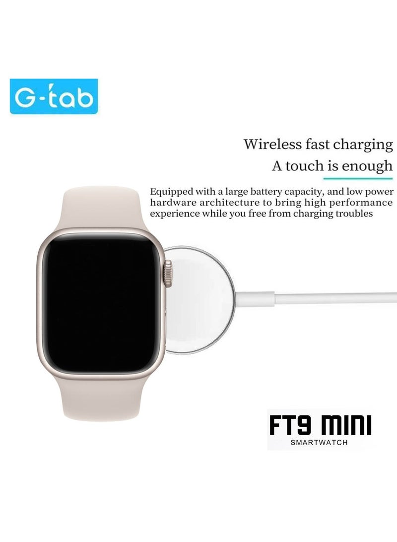 Gtab FT9 Mini Smart Watch With 41MM AMOLED Display 2 Pair Straps and Wireless Charger For Ladies and Girls Silver