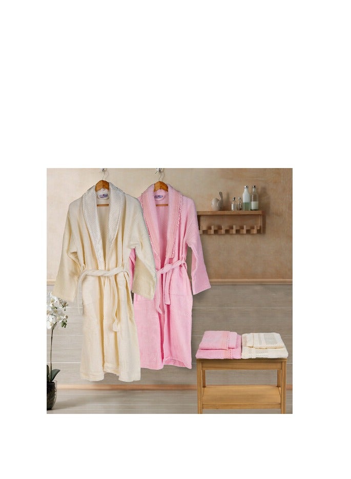 6 Piece Family Bathrobe Set & Towels, Premium Turkish Cotton 2 Bathrobes & 4 Towels in box Matching Couple set (Cream Pink)