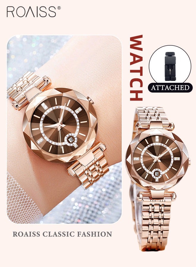 Women's Steel Strap Quartz Watch Analog Display Round Dial with Zirconium Diamonds Decoration and Rhombus Cut Design Waterproof Luxurious Wristwatch as Gift for Ladies