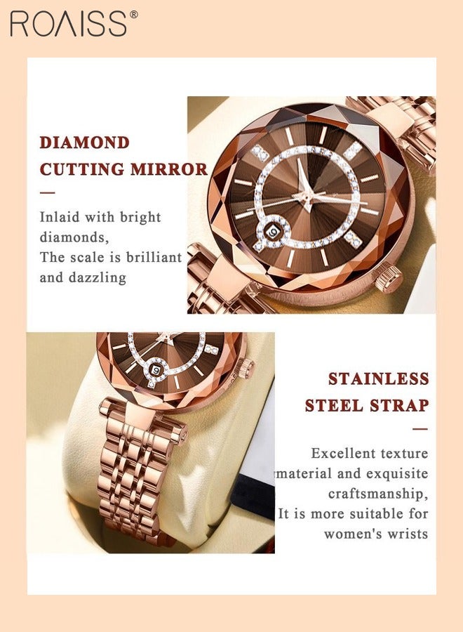 Women's Steel Strap Quartz Watch Analog Display Round Dial with Zirconium Diamonds Decoration and Rhombus Cut Design Waterproof Luxurious Wristwatch as Gift for Ladies