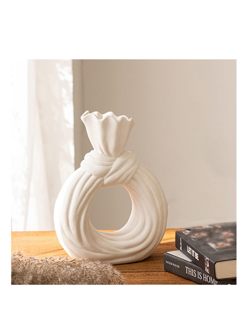 Ceramic Vase, Round Matte Pampas Flower Vases, Dinner Table Decoration with Unique Bow, Bowknot vase for Modern Home Decor, Nordic Boho Ins Style Vase, Decorative Gift for Everybody
