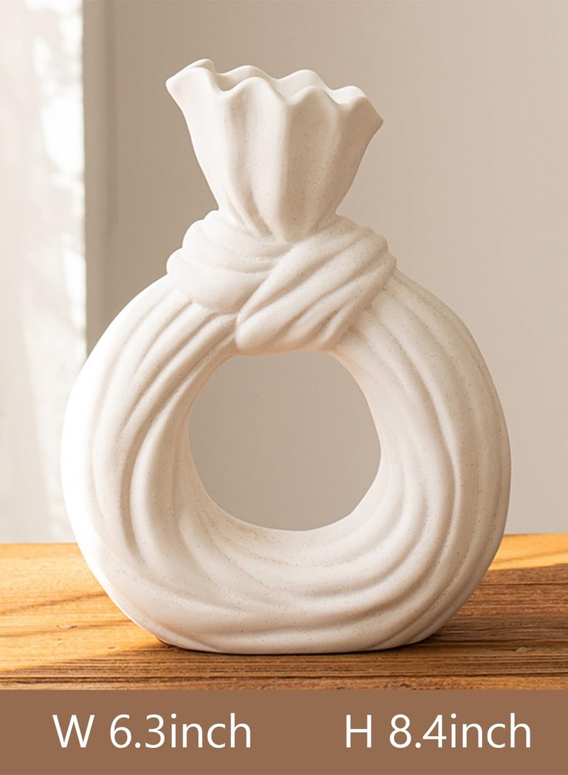 Ceramic Vase, Round Matte Pampas Flower Vases, Dinner Table Decoration with Unique Bow, Bowknot vase for Modern Home Decor, Nordic Boho Ins Style Vase, Decorative Gift for Everybody