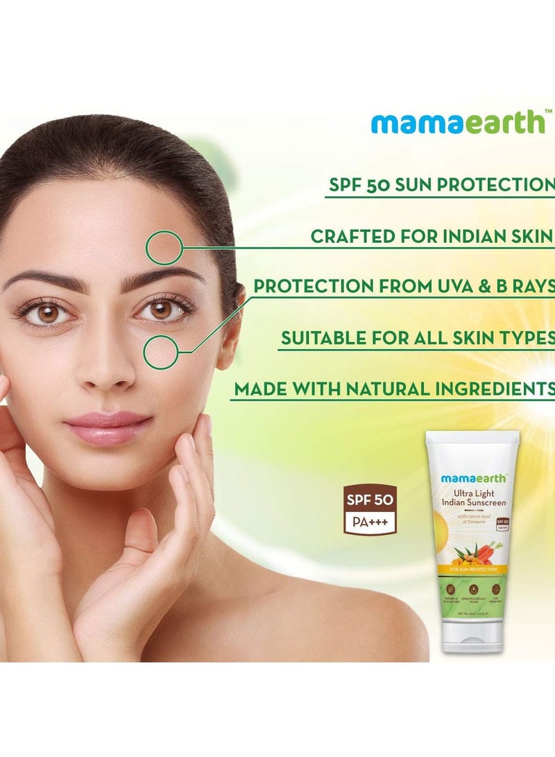 Mamaearth Ultra Light Indian Sunscreen Cream with Carrot Seed, Turmeric and SPF 50 PA+++ (80ml)