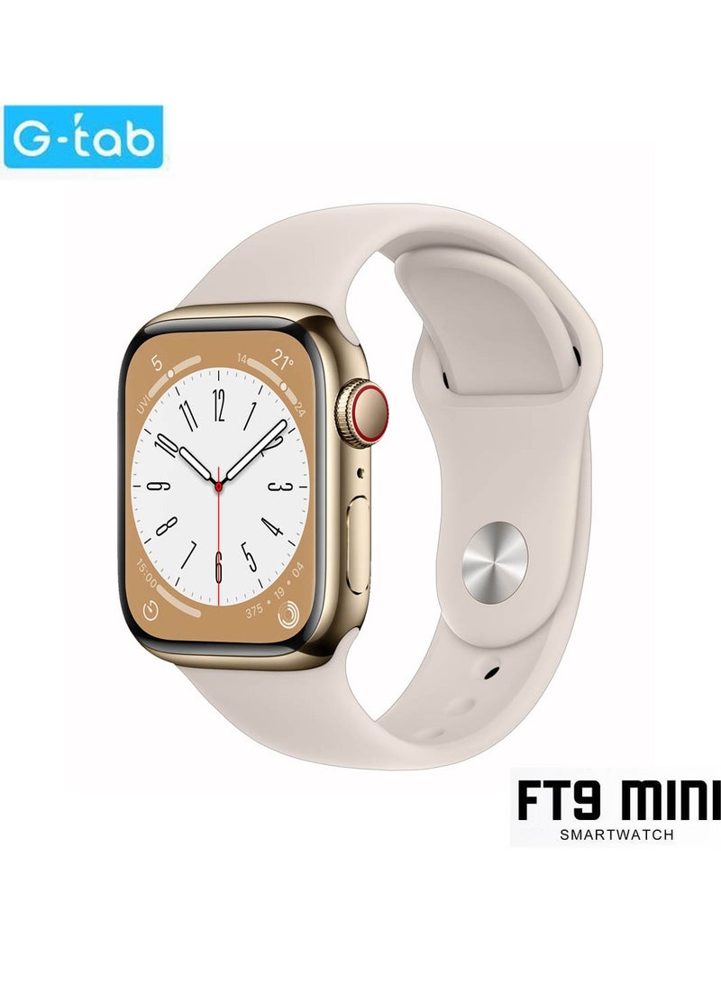 Gtab FT9 Mini Smart Watch With 41MM AMOLED Display 2 Pair Straps and Wireless Charger For Ladies and Girls Gold