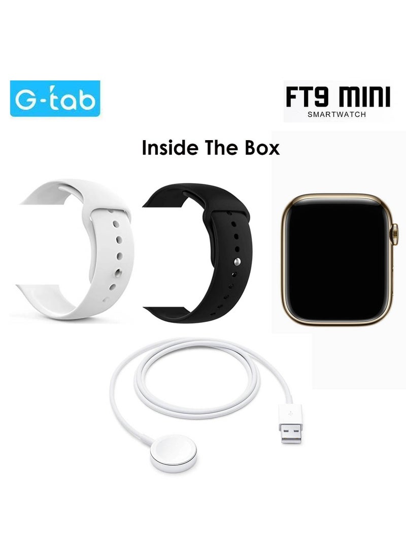 Gtab FT9 Mini Smart Watch With 41MM AMOLED Display 2 Pair Straps and Wireless Charger For Ladies and Girls Gold