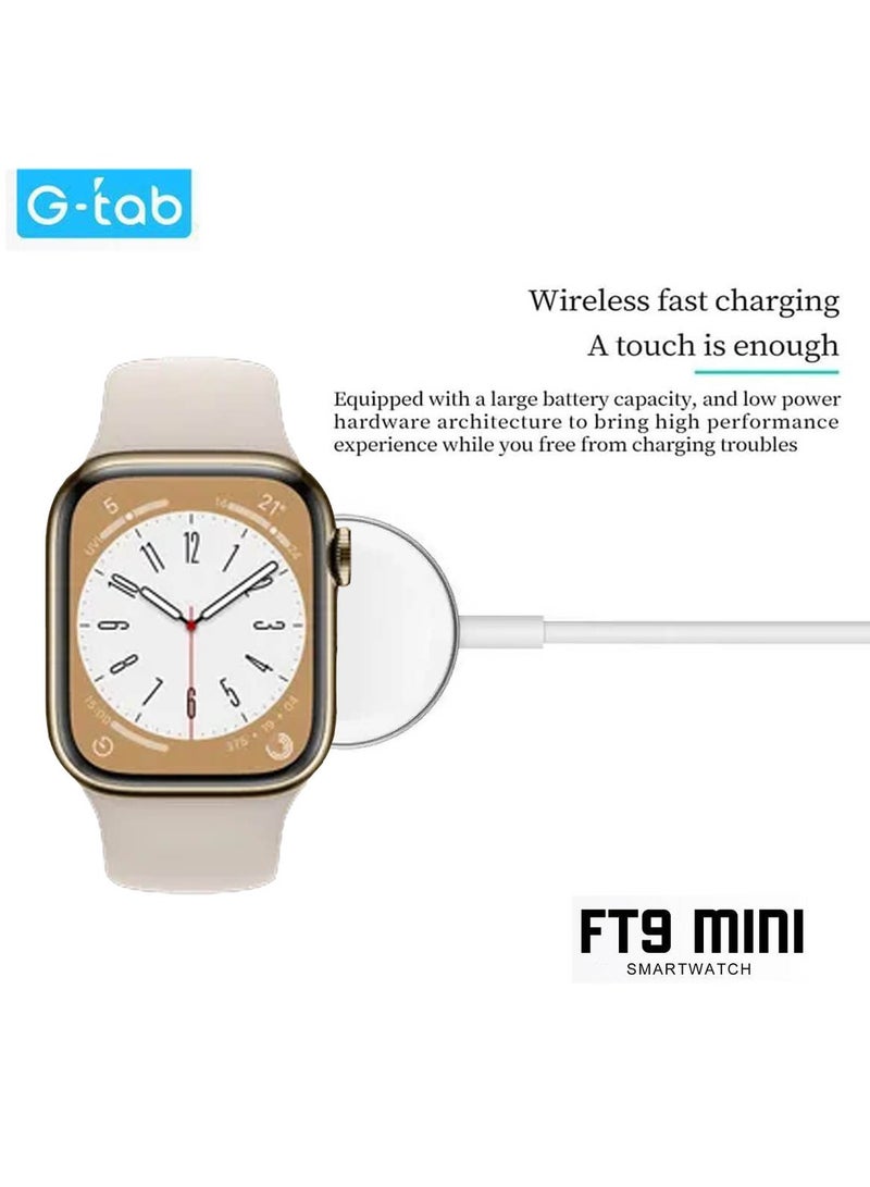 Gtab FT9 Mini Smart Watch With 41MM AMOLED Display 2 Pair Straps and Wireless Charger For Ladies and Girls Gold