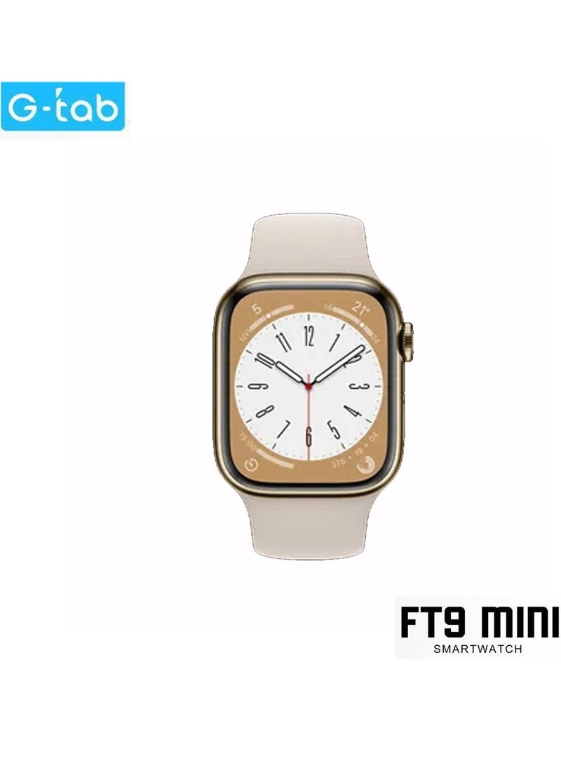 Gtab FT9 Mini Smart Watch With 41MM AMOLED Display 2 Pair Straps and Wireless Charger For Ladies and Girls Gold