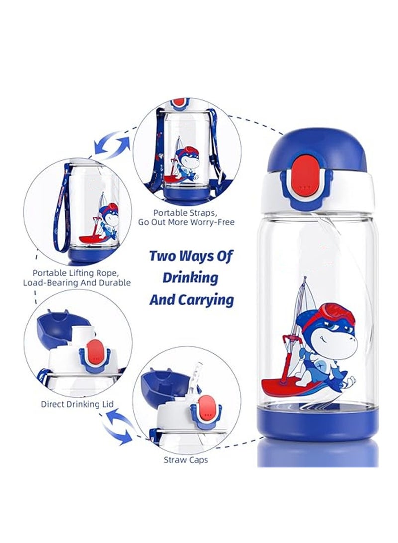 Kids Water Bottle With Straw, Bpa Free, Flip Nozzle, Child Water Bottle With Two Lids, Carry Loop Lightweight, Leak-Proof, 500Ml Drinking Bottle
