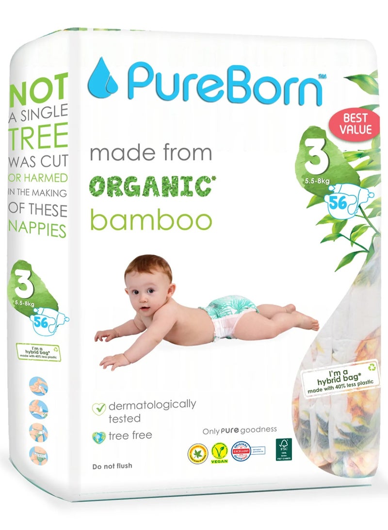 Organic Bamboo Baby Diapers, Size 3, 5.5 - 8 Kg, 56 Count - Pineapple